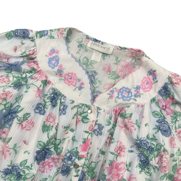 Herbcraft II Small Short Sleeve Floral Cotton Blend Robe Duster Pearl Snaps